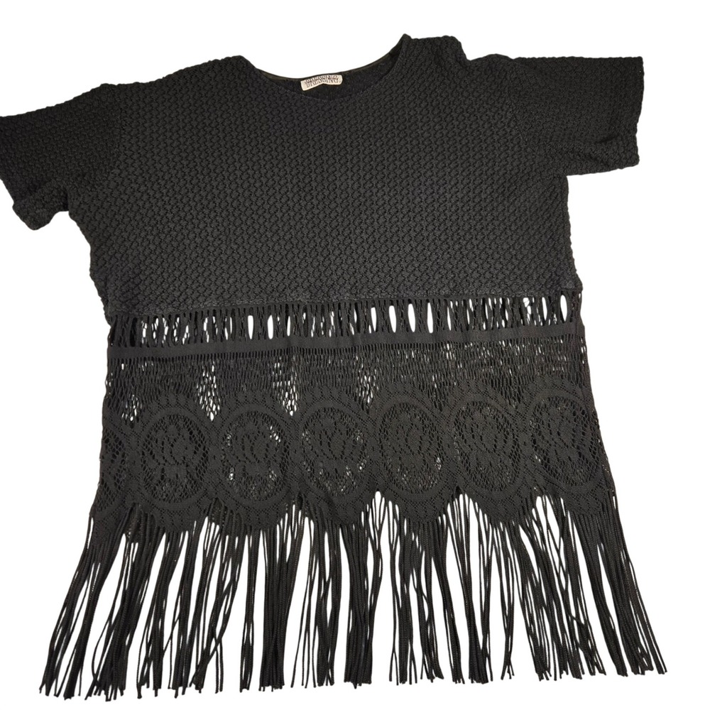 Sharon Anthony Womens Navy Blue Textured Knit Lace Fringe Hem Top Size L Boho